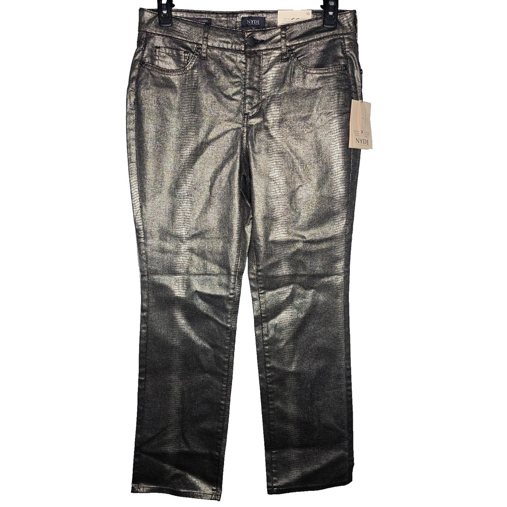 NYDJ Marilyn Straight Jeans Womens 10 Gold Black Snake Embossed Lift Tuck Tech